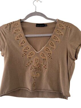 Vintage Embroidered Brown Short-Sleeve Crop Top By The Limited Size S
